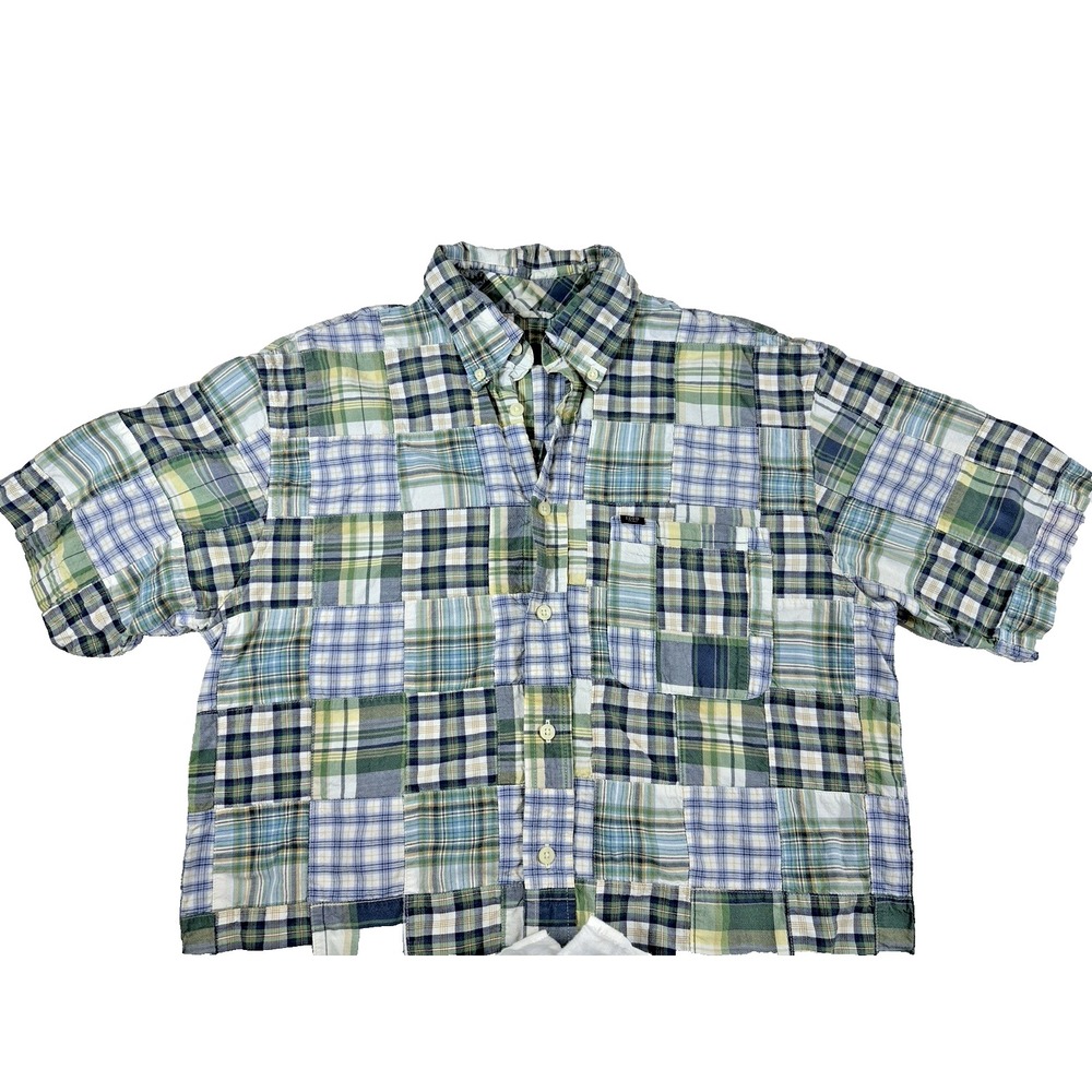 IZOD Jeans Mens Shirt Patchwork‎ Short Sleeve Green Blue, MEDIUM